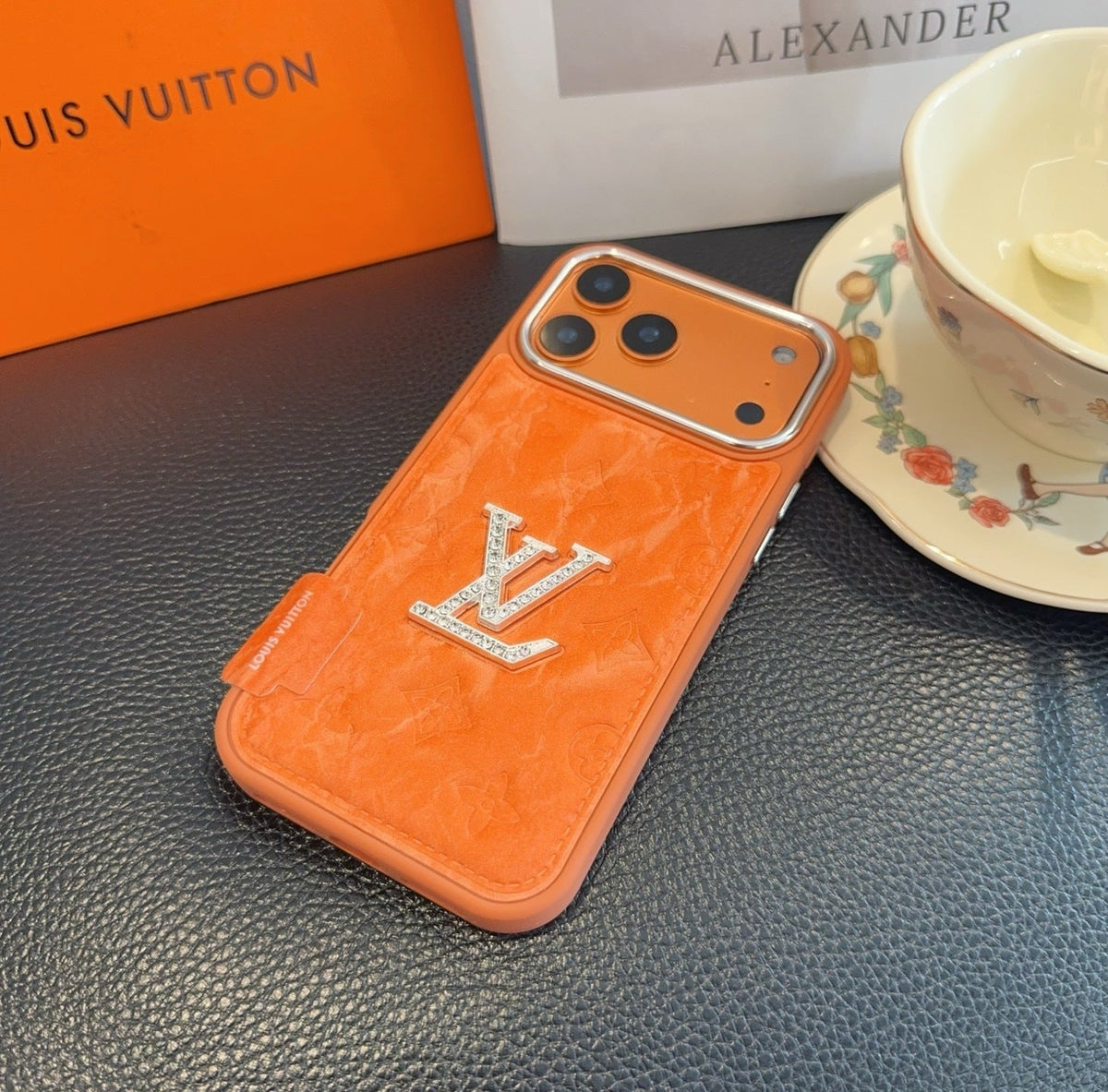 Premium Monogram Embossed Orange – Crystal Logo Edition For iPhone 12-18 Pro & Pro Max