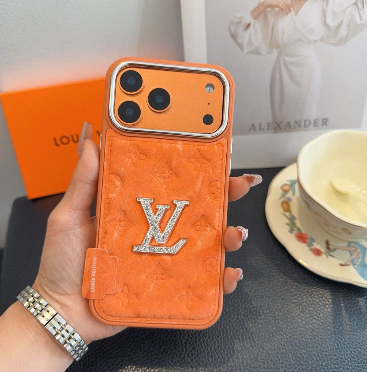 Premium Monogram Embossed Orange – Crystal Logo Edition For iPhone 12-18 Pro & Pro Max