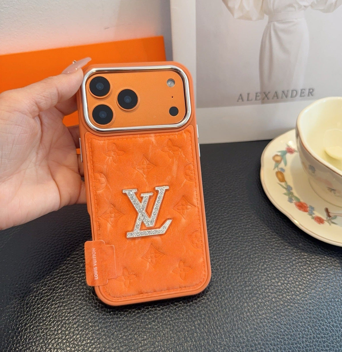 Premium Monogram Embossed Orange – Crystal Logo Edition For iPhone 12-18 Pro & Pro Max
