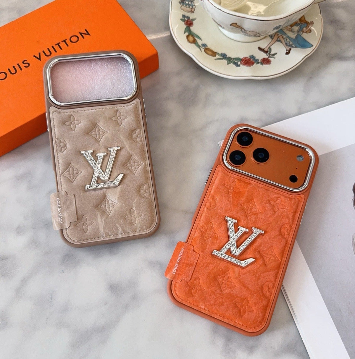 Premium Monogram Embossed Orange – Crystal Logo Edition For iPhone 12-18 Pro & Pro Max
