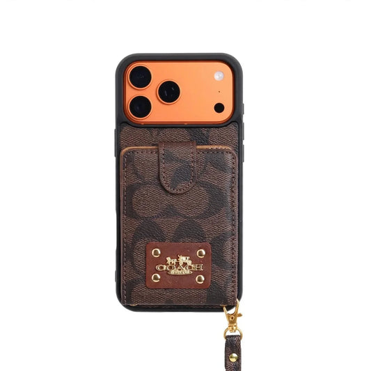 Luxury Monogram Card Holder Phone Case with Strap for iPhone 12-18 Pro & Pro Max