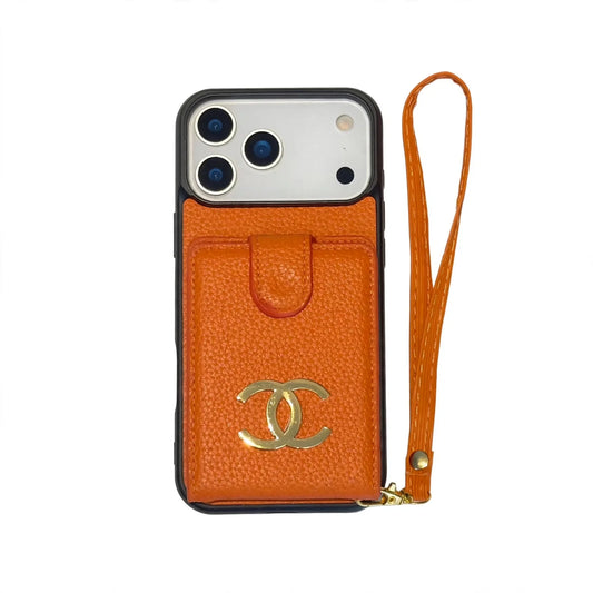Premium Chanel Leather Phone Case with Strap for iPhone 13-18 Pro & Pro Max