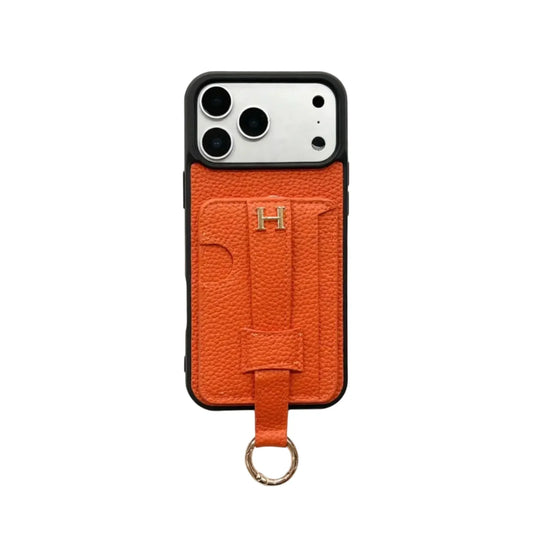 HRM Pebbled Leather Case with Pull-Tab Strap & Ring for iPhone 12-18 Pro & Pro Max