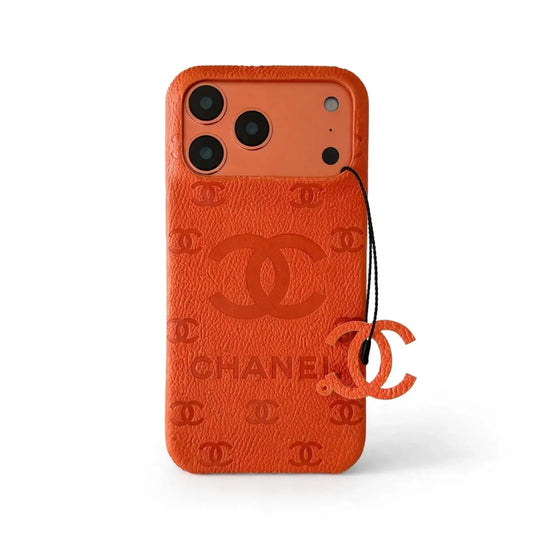 CC Monogram Stamped Leather Case with CC Ring Charm for iPhone 12-18 Pro & Pro Max