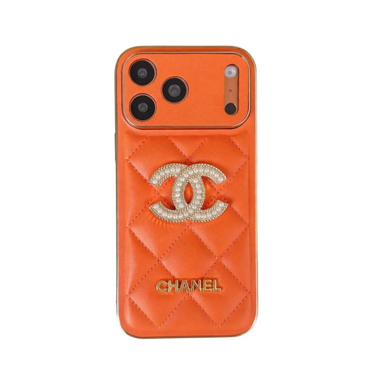 Chanel Quilted Leather Case with Rhinestone CC Logo for iPhone 12-18 Pro & Pro Max