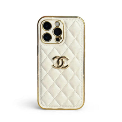 Luxury Chanel Cream Case with Gold Edge Frame for iPhone 12-18 Pro & Pro Max