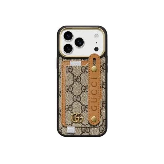 GG Style Leather Card Holder Case with Lanyard for iPhone 12-18 Pro & Pro Max
