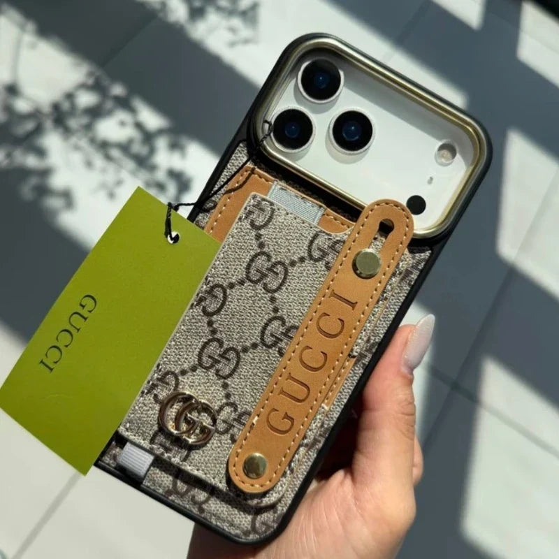 GG Style Leather Card Holder Case with Lanyard for iPhone 12-18 Pro & Pro Max