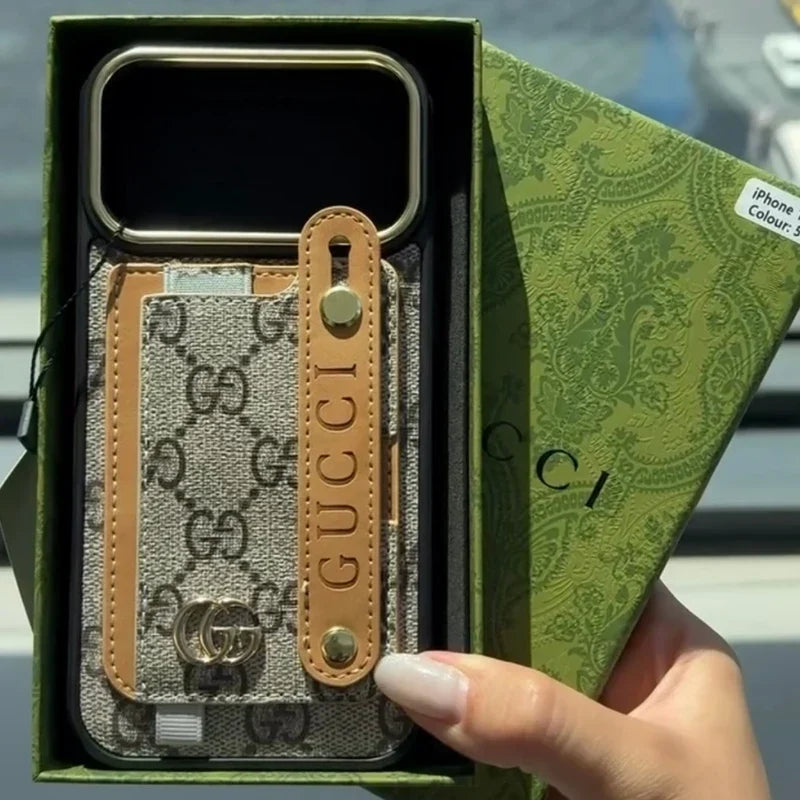 GG Style Leather Card Holder Case with Lanyard for iPhone 12-18 Pro & Pro Max