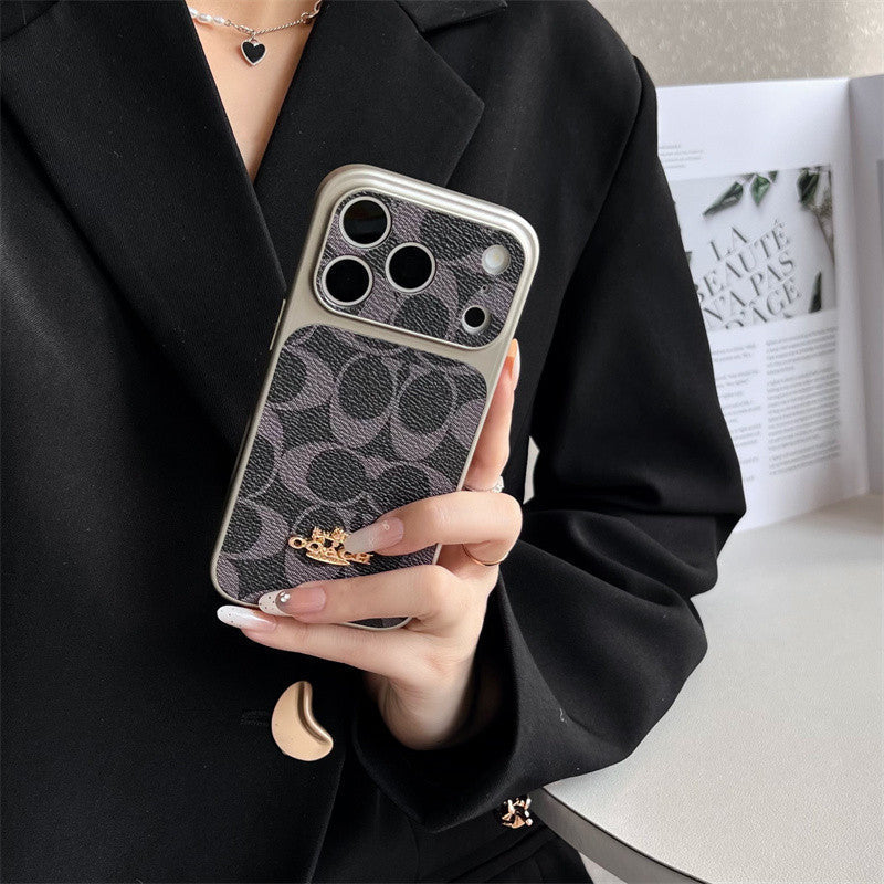Premium Embossed Leather Phone Case with Gold Emblem for iPhone 13-18 Pro & Pro Max
