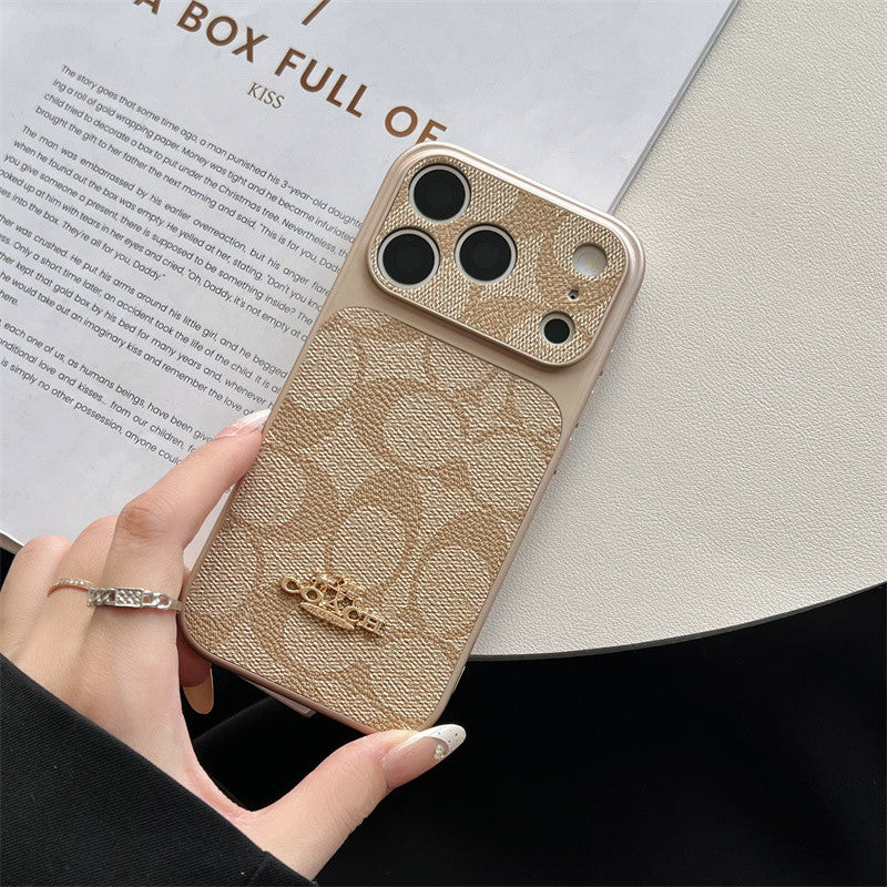 Premium Embossed Leather Phone Case with Gold Emblem for iPhone 13-18 Pro & Pro Max