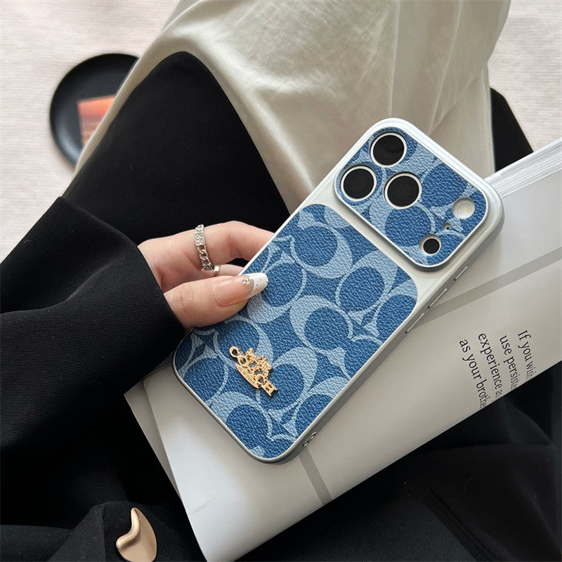 Premium Embossed Leather Phone Case with Gold Emblem for iPhone 13-18 Pro & Pro Max
