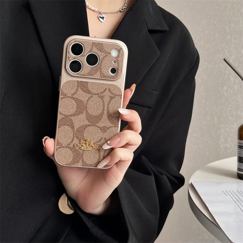Premium Embossed Leather Phone Case with Gold Emblem for iPhone 13-18 Pro & Pro Max