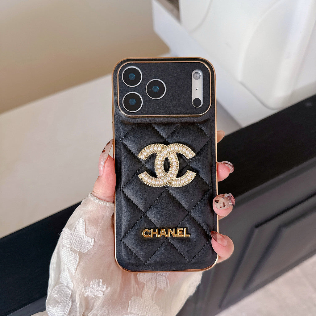 Chanel Quilted Leather Case with Rhinestone CC Logo for iPhone 12-18 Pro & Pro Max