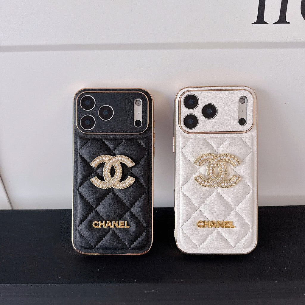 Chanel Quilted Leather Case with Rhinestone CC Logo for iPhone 12-18 Pro & Pro Max