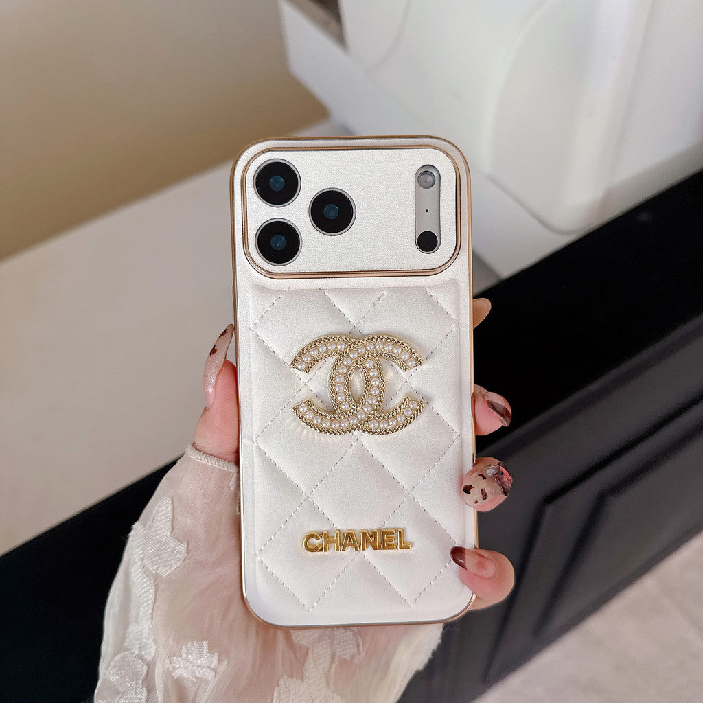 Chanel Quilted Leather Case with Rhinestone CC Logo for iPhone 12-18 Pro & Pro Max