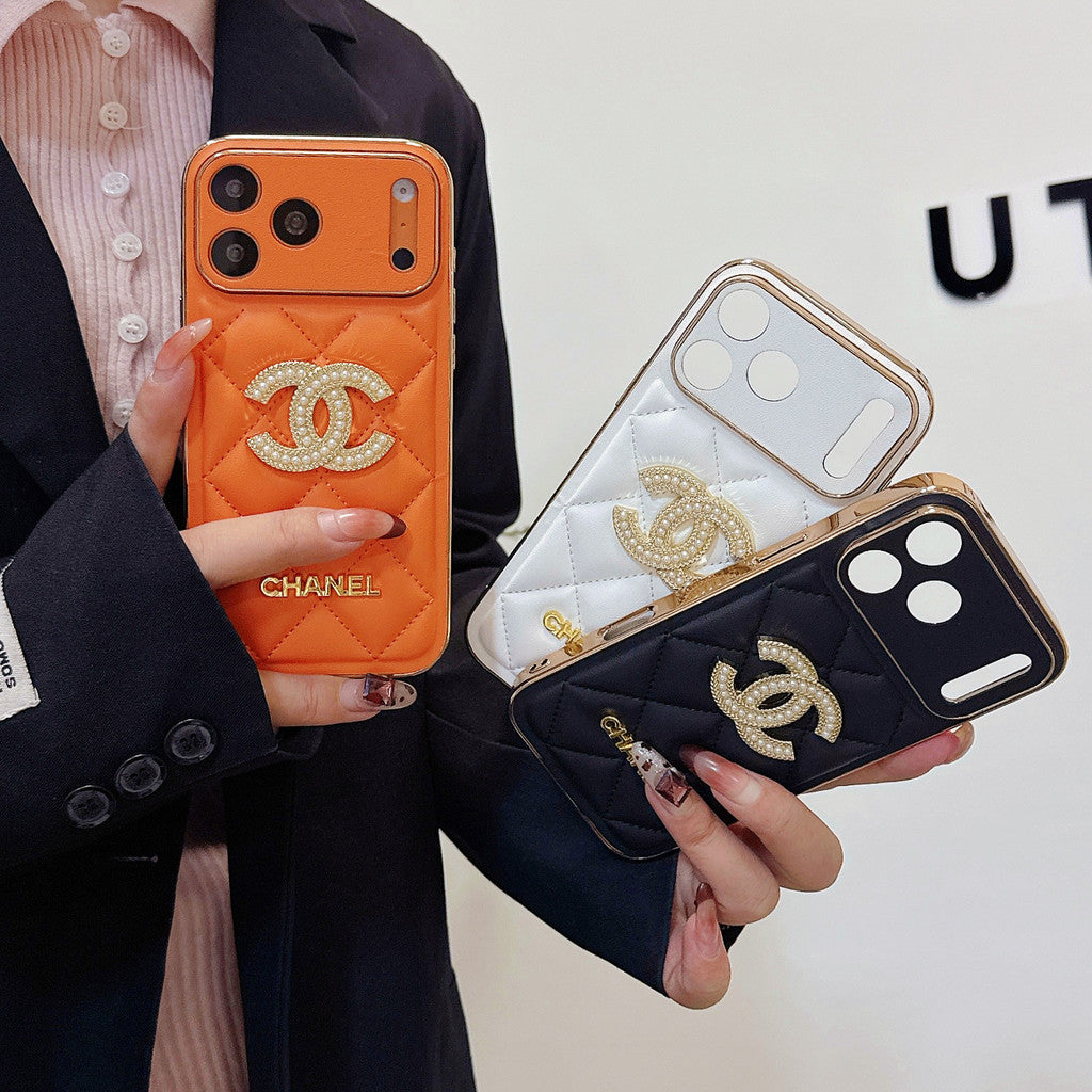 Chanel Quilted Leather Case with Rhinestone CC Logo for iPhone 12-18 Pro & Pro Max