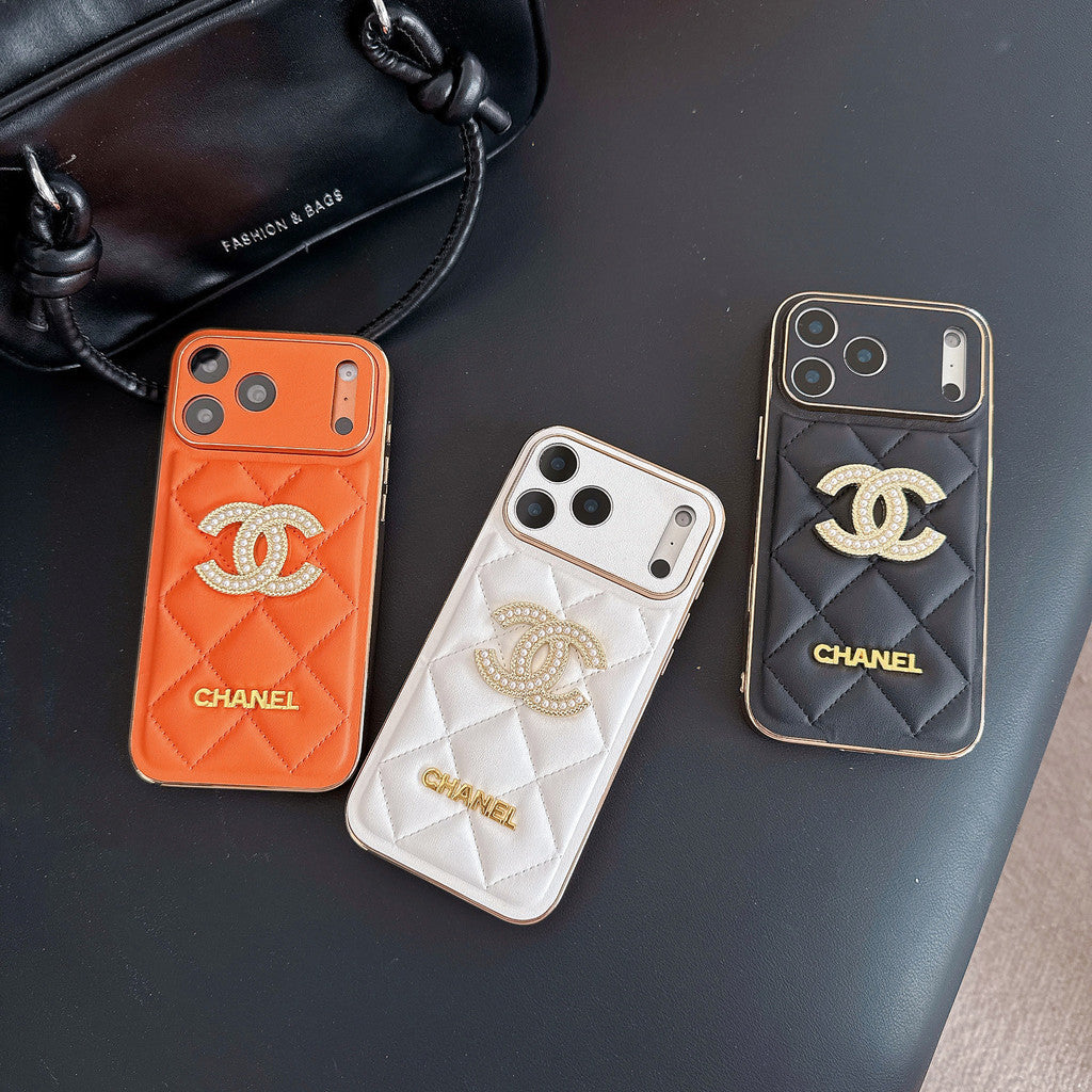 Chanel Quilted Leather Case with Rhinestone CC Logo for iPhone 12-18 Pro & Pro Max