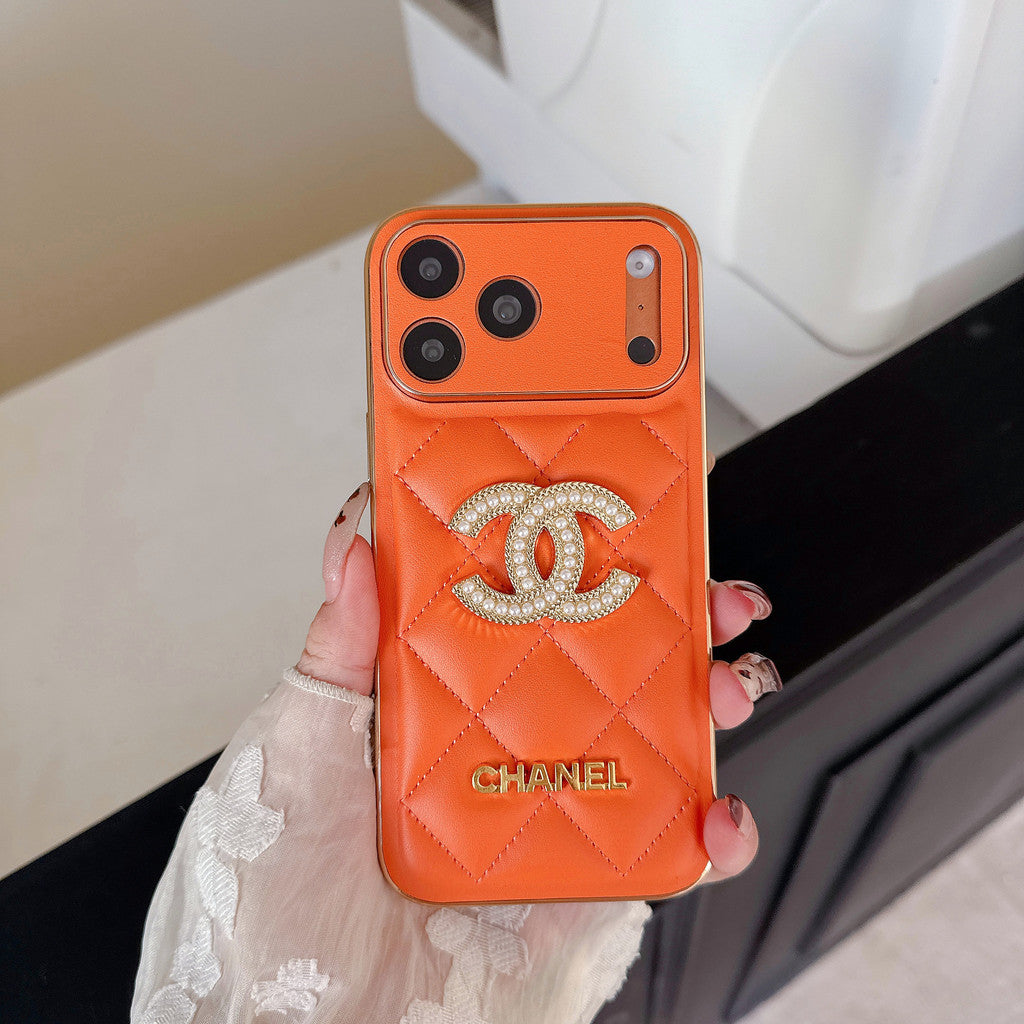 Chanel Quilted Leather Case with Rhinestone CC Logo for iPhone 12-18 Pro & Pro Max