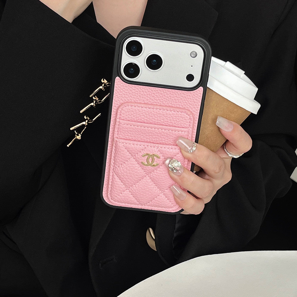 Leather Pocket Case with Metal CC Badge for iPhone 12-18 Pro & Pro Max