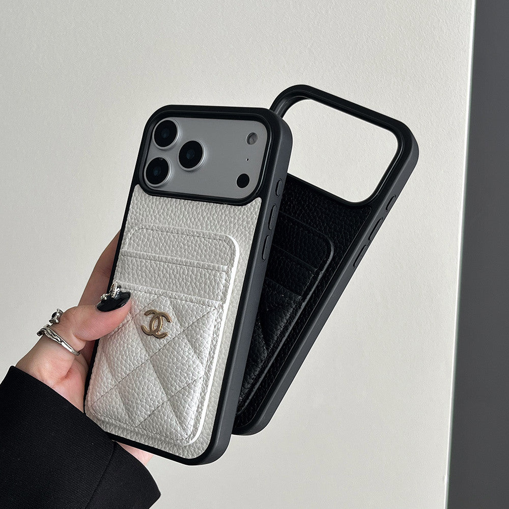 Leather Pocket Case with Metal CC Badge for iPhone 12-18 Pro & Pro Max
