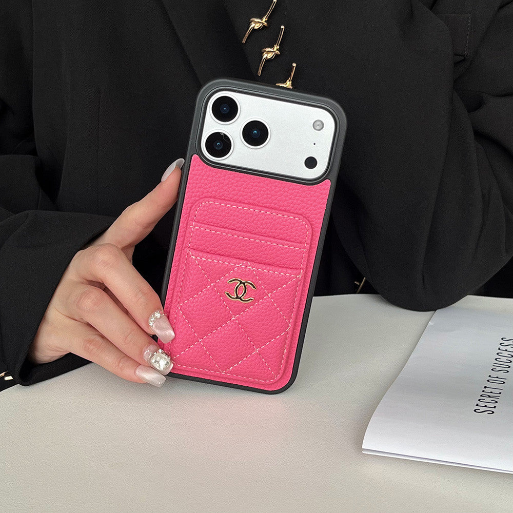 Leather Pocket Case with Metal CC Badge for iPhone 12-18 Pro & Pro Max