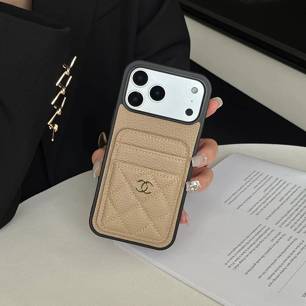 Leather Pocket Case with Metal CC Badge for iPhone 12-18 Pro & Pro Max