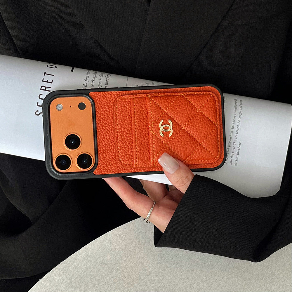 Leather Pocket Case with Metal CC Badge for iPhone 12-18 Pro & Pro Max