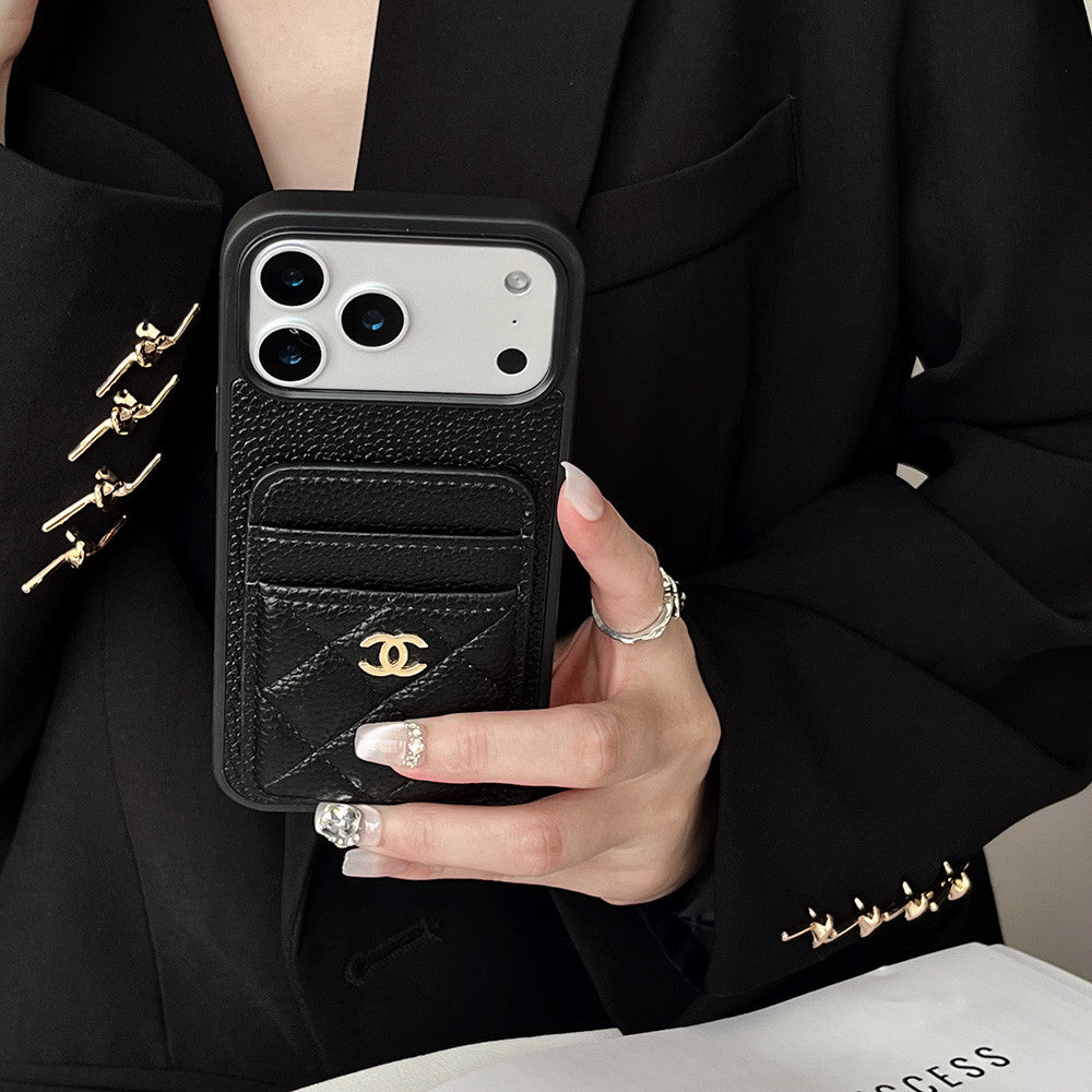 Leather Pocket Case with Metal CC Badge for iPhone 12-18 Pro & Pro Max
