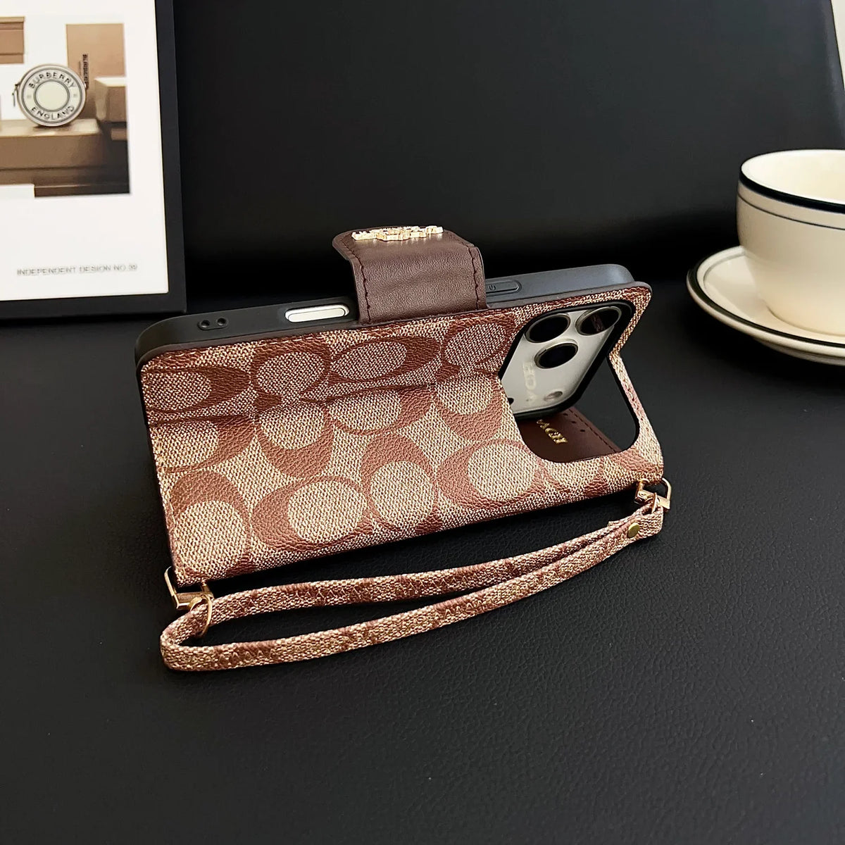 Luxury Leather Coach iPhone Case with Flip Wallet for iPhone 12-18 Pro & Pro Max