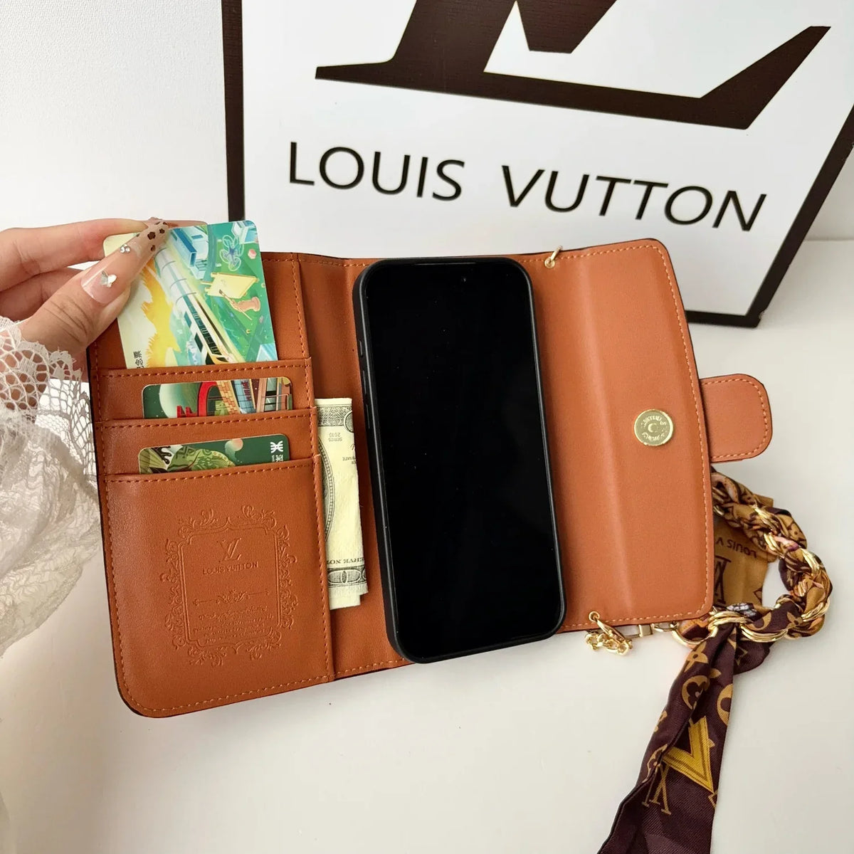 Luxury Leather LV Phone Case with Flip Wallet and Chain For iPhone 12-18 Pro & Pro Max