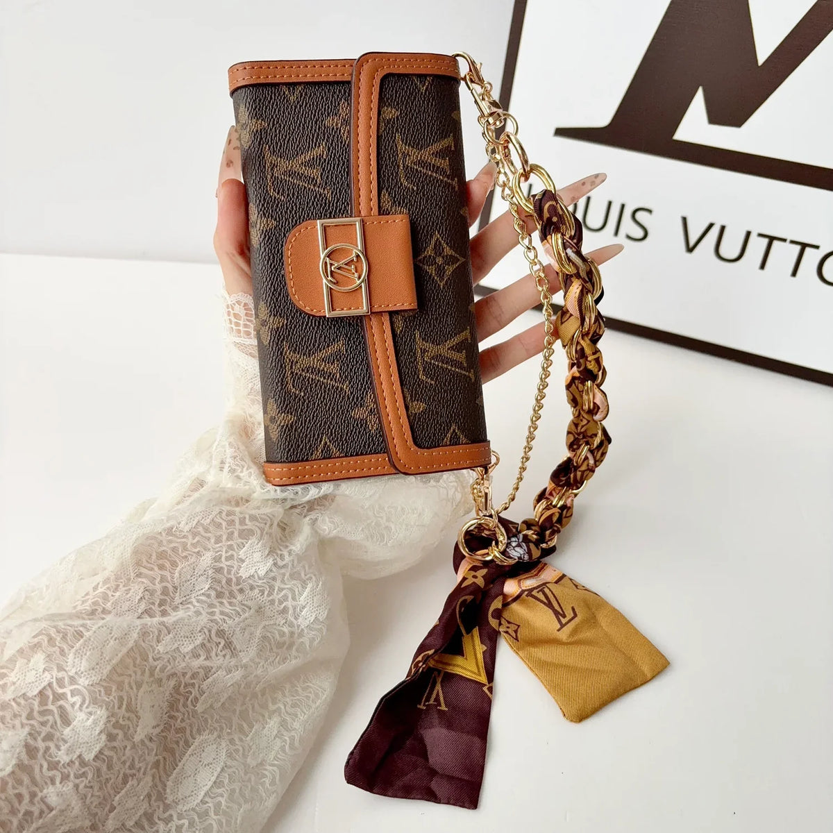 Luxury Leather LV Phone Case with Flip Wallet and Chain For iPhone 12-18 Pro & Pro Max