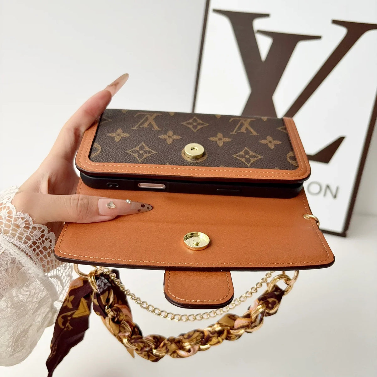 Luxury Leather LV Phone Case with Flip Wallet and Chain For iPhone 12-18 Pro & Pro Max