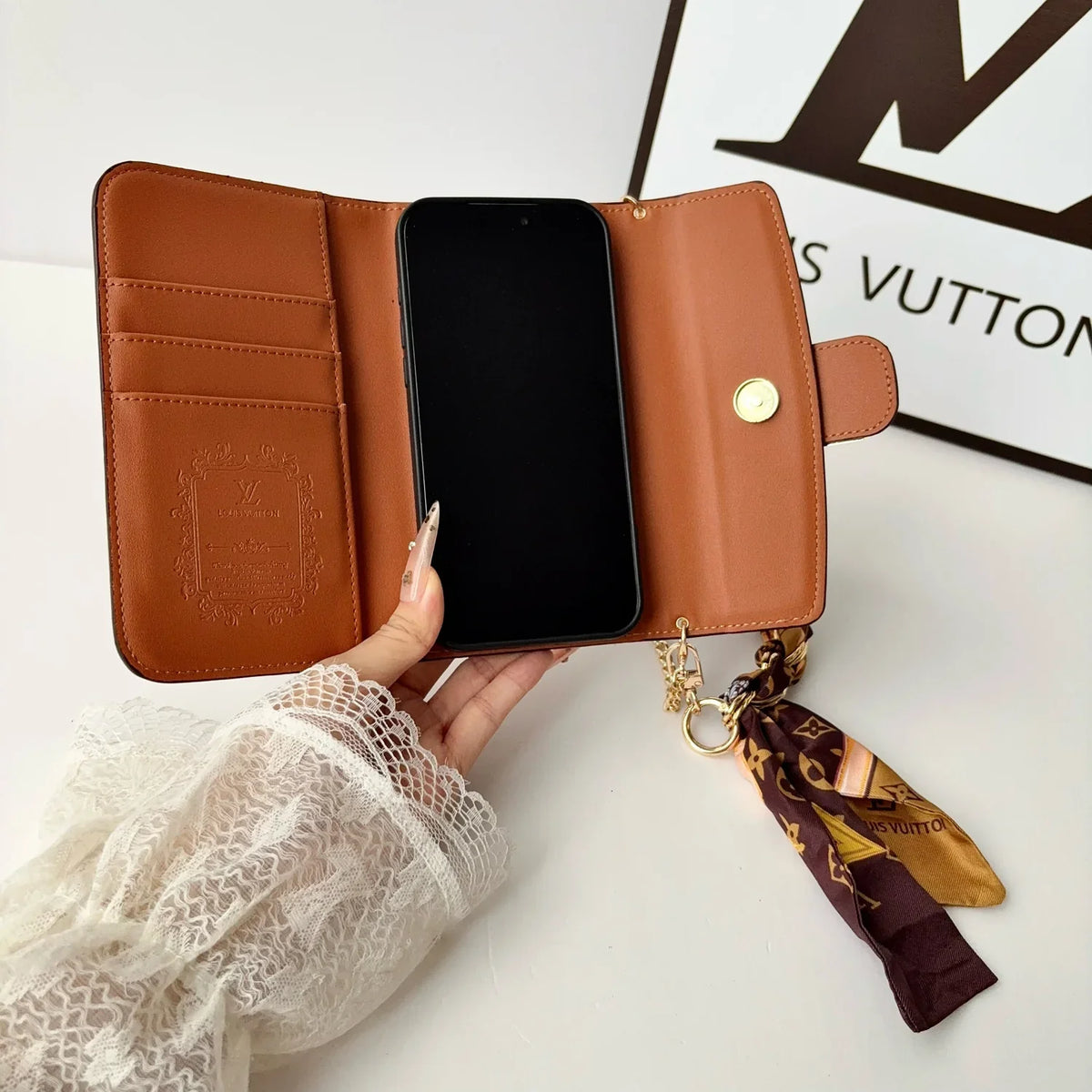 Luxury Leather LV Phone Case with Flip Wallet and Chain For iPhone 12-18 Pro & Pro Max