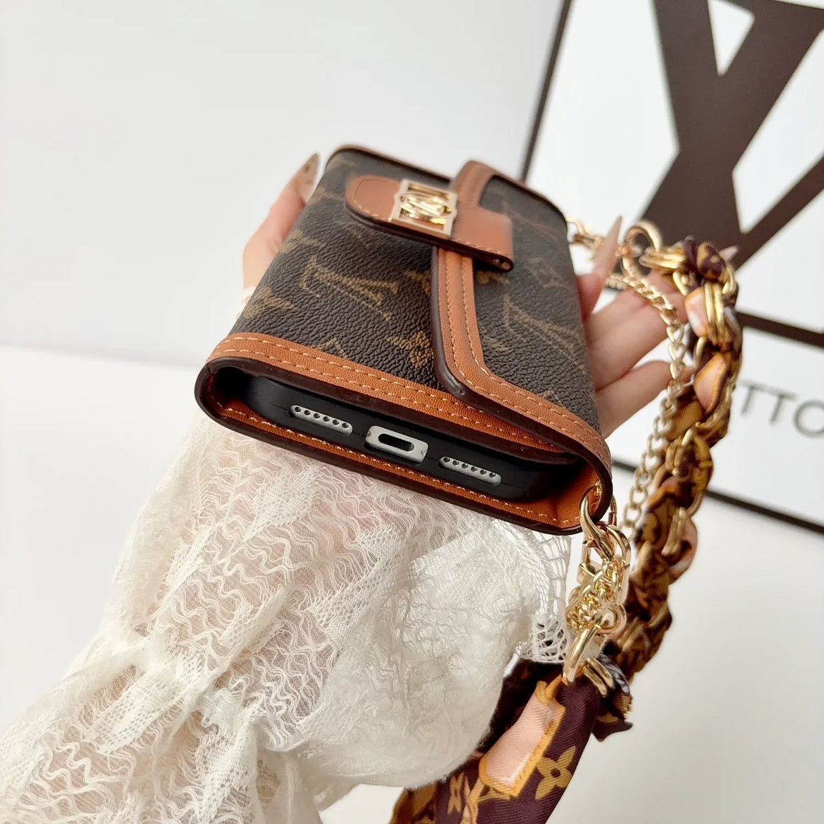 Luxury Leather LV Phone Case with Flip Wallet and Chain For iPhone 12-18 Pro & Pro Max